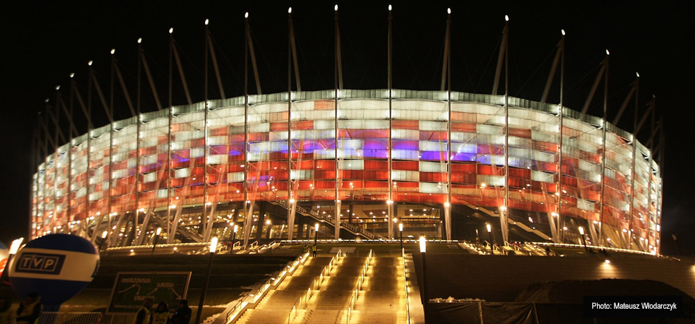 Polish National Stadium at night